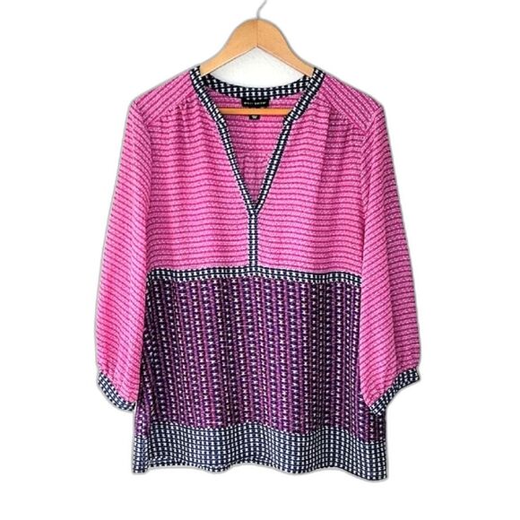 WILLI SMITH Women's Pink Blue 3/4 Sleeve V-Neck Patterned Sheer Blouse size XL - Picture 1 of 12